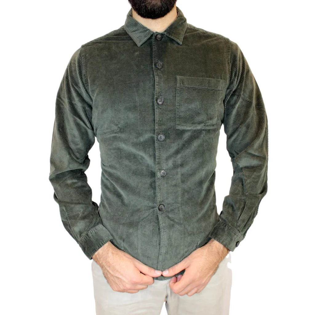 Camicia Xacus in velluto verde militare da uomo a costine