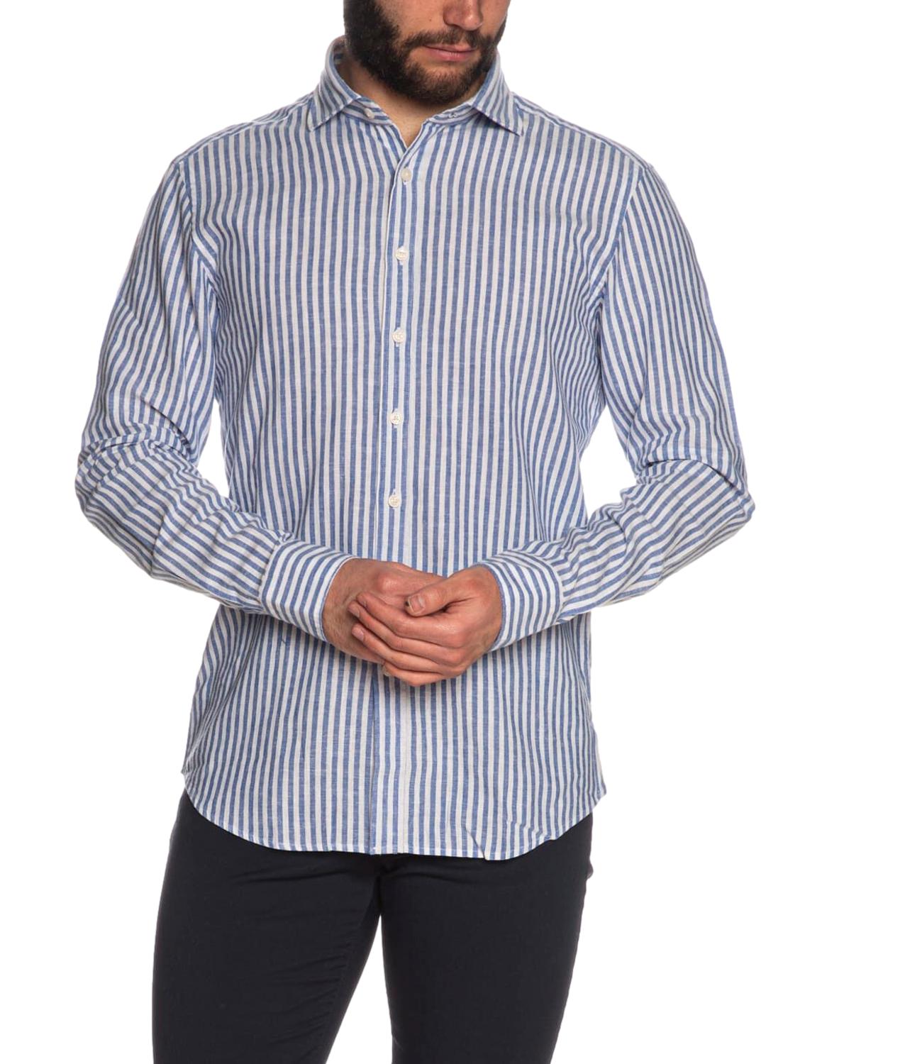 Camicia Bastoncino in lino a righe blu e bianche