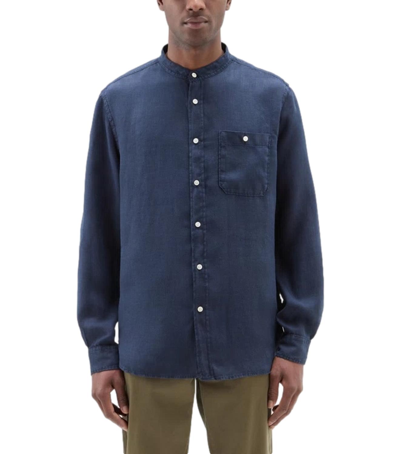 Camicia Woolrich Band collar linen shirt maritime blue
