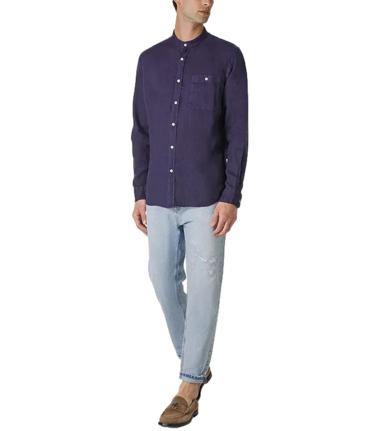 Camicia Woolrich Band collar linen shirt maritime blue