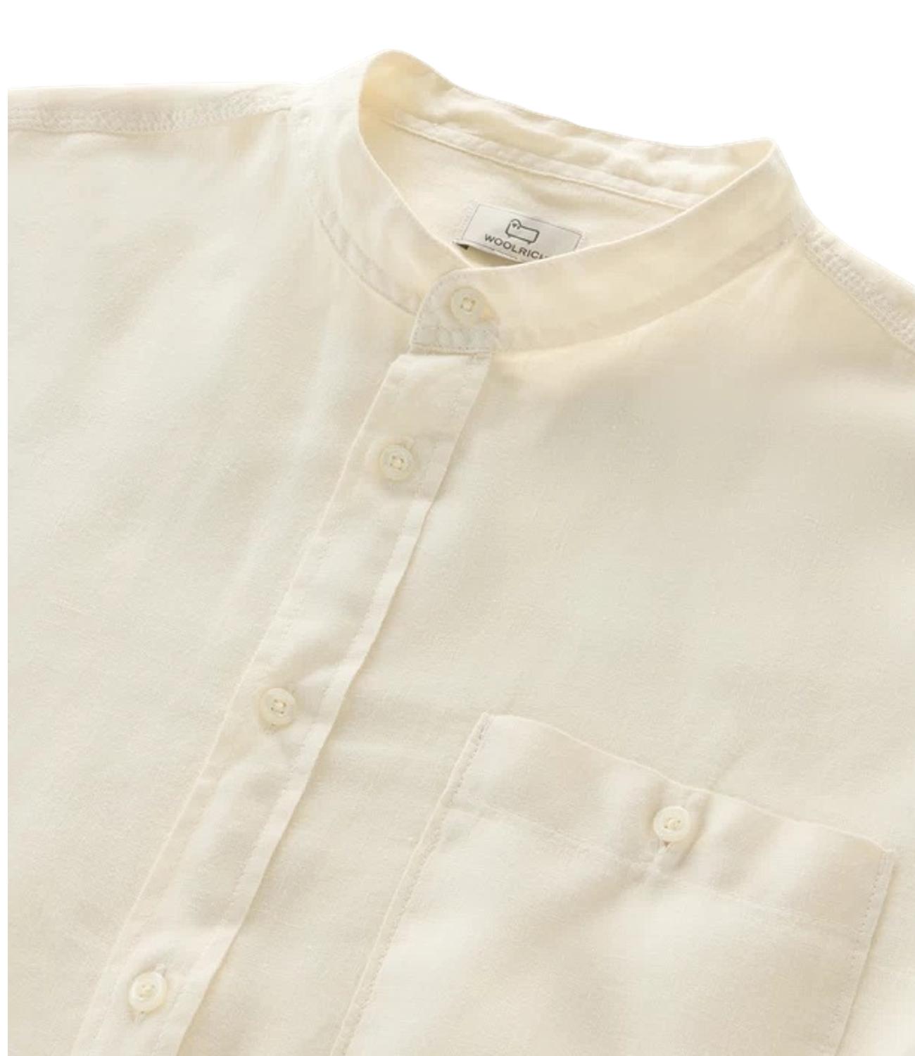 Camicia in puro lino tinta in capo con colletto alla coreana beige