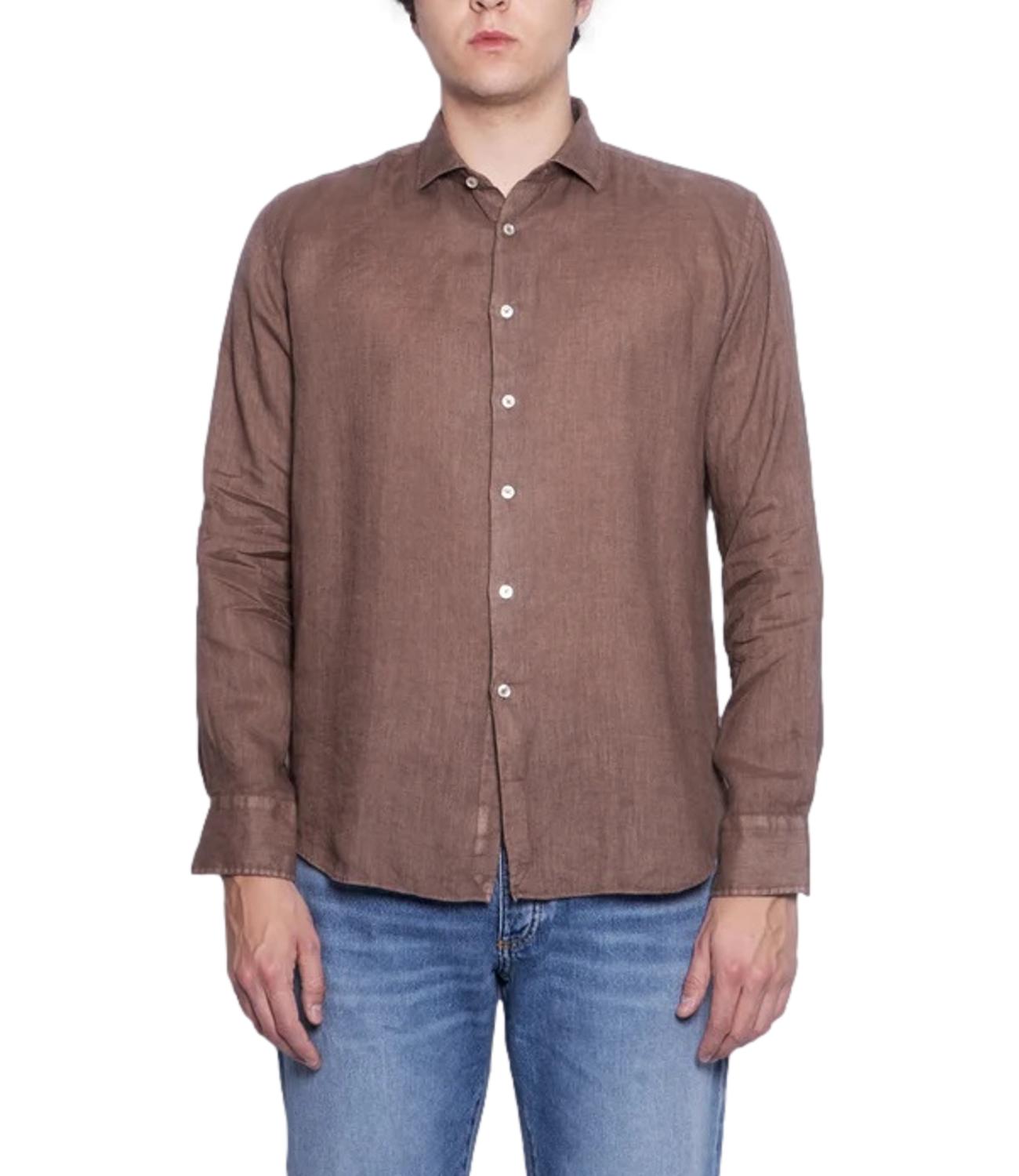 Xacus camicia collo francese in lino marrone taylor fit