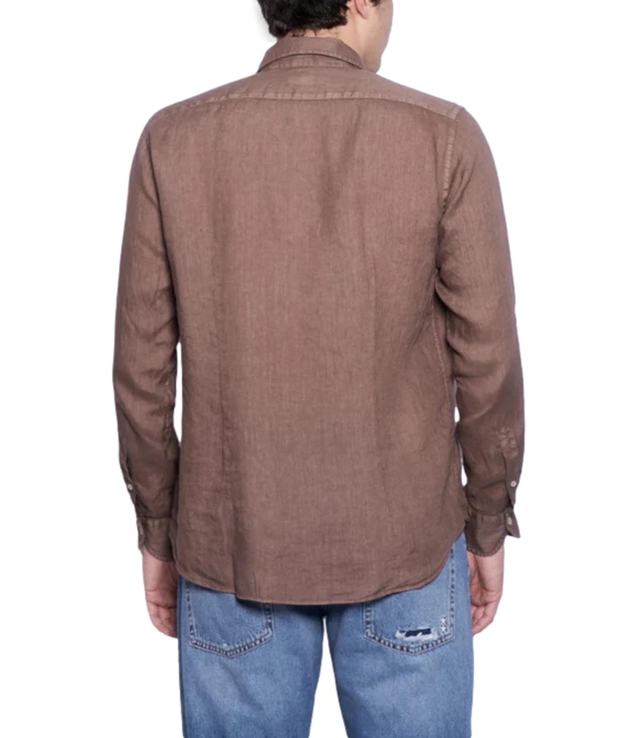 Xacus camicia collo francese in lino marrone taylor fit