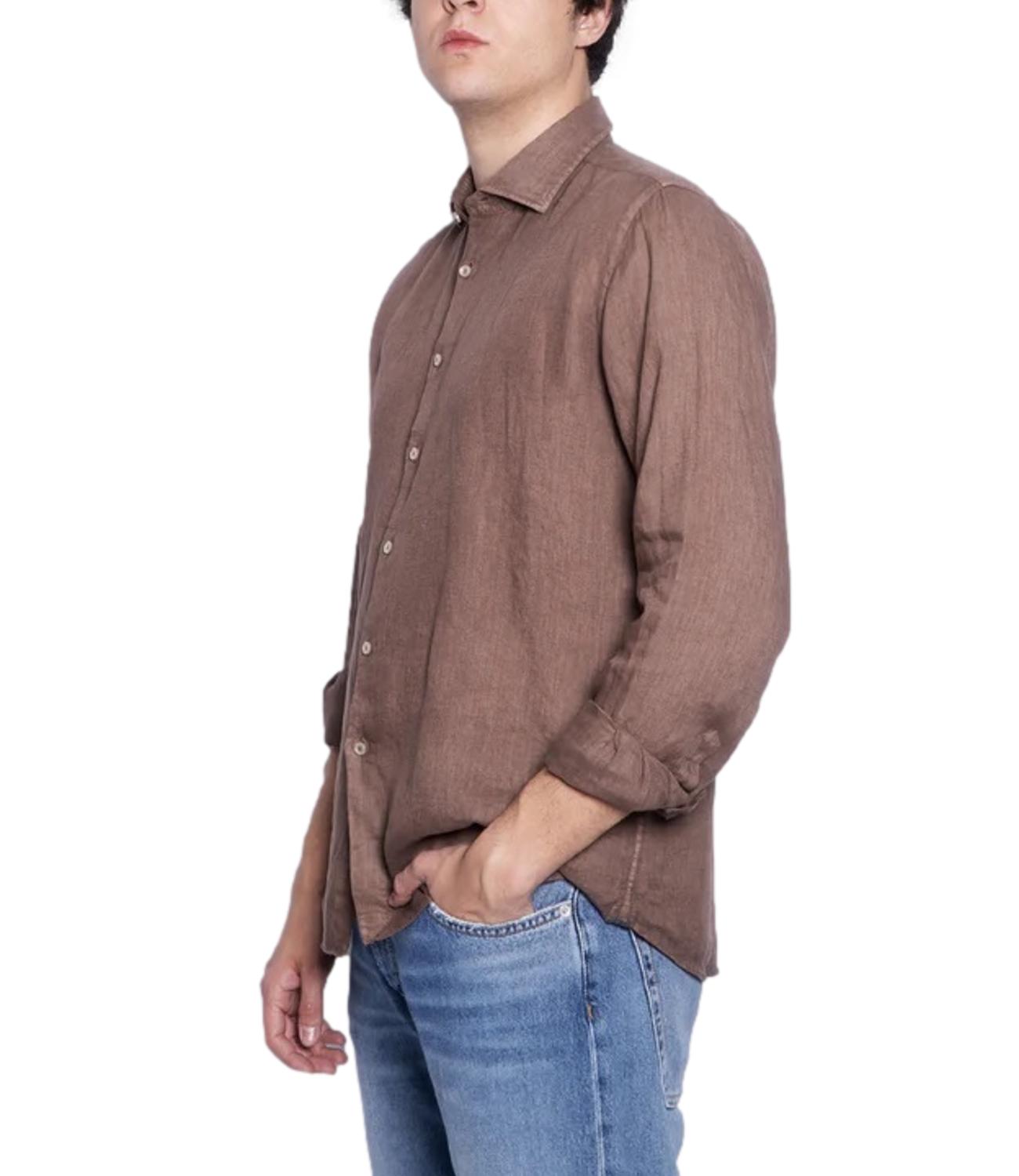 Xacus camicia collo francese in lino marrone taylor fit