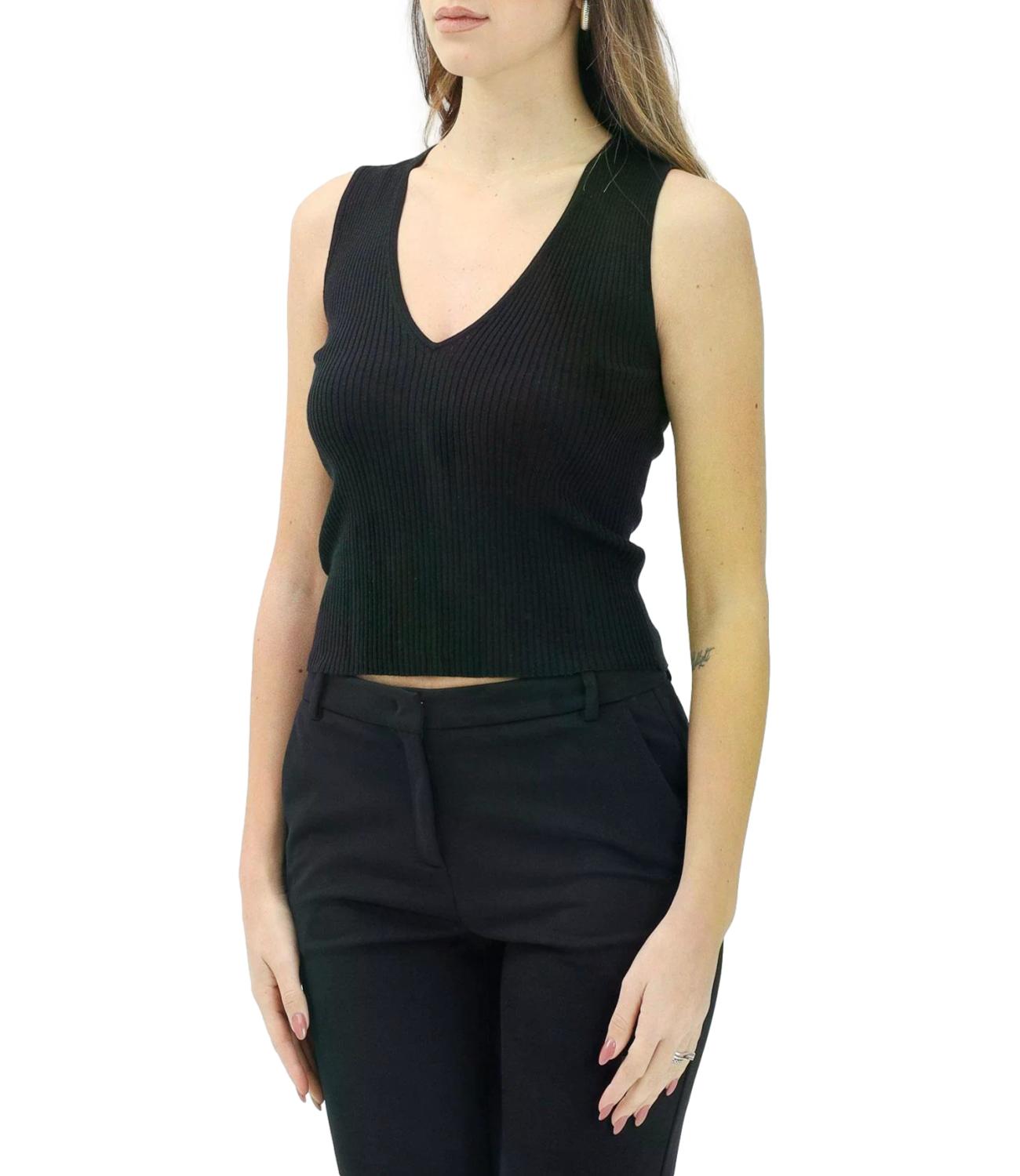 Top Agner smanicato costine misto seta nero