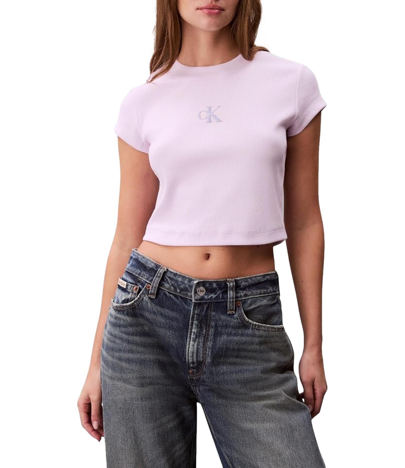 T-shirt Calvin Klein Jeans a maniche corte micro costine con logo centrale Lilla Donna