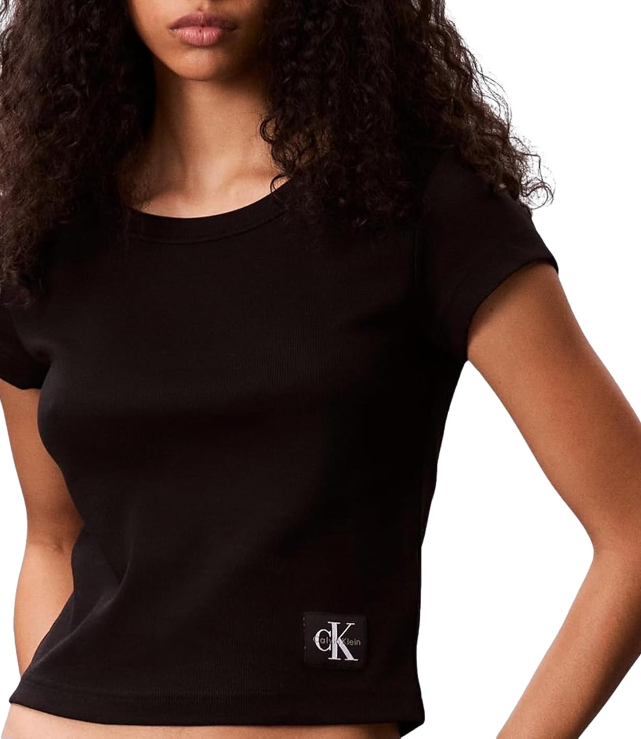 T-shirt Calvin Klein Jeans a maniche corte in micro costine con patch logo Nero Donna