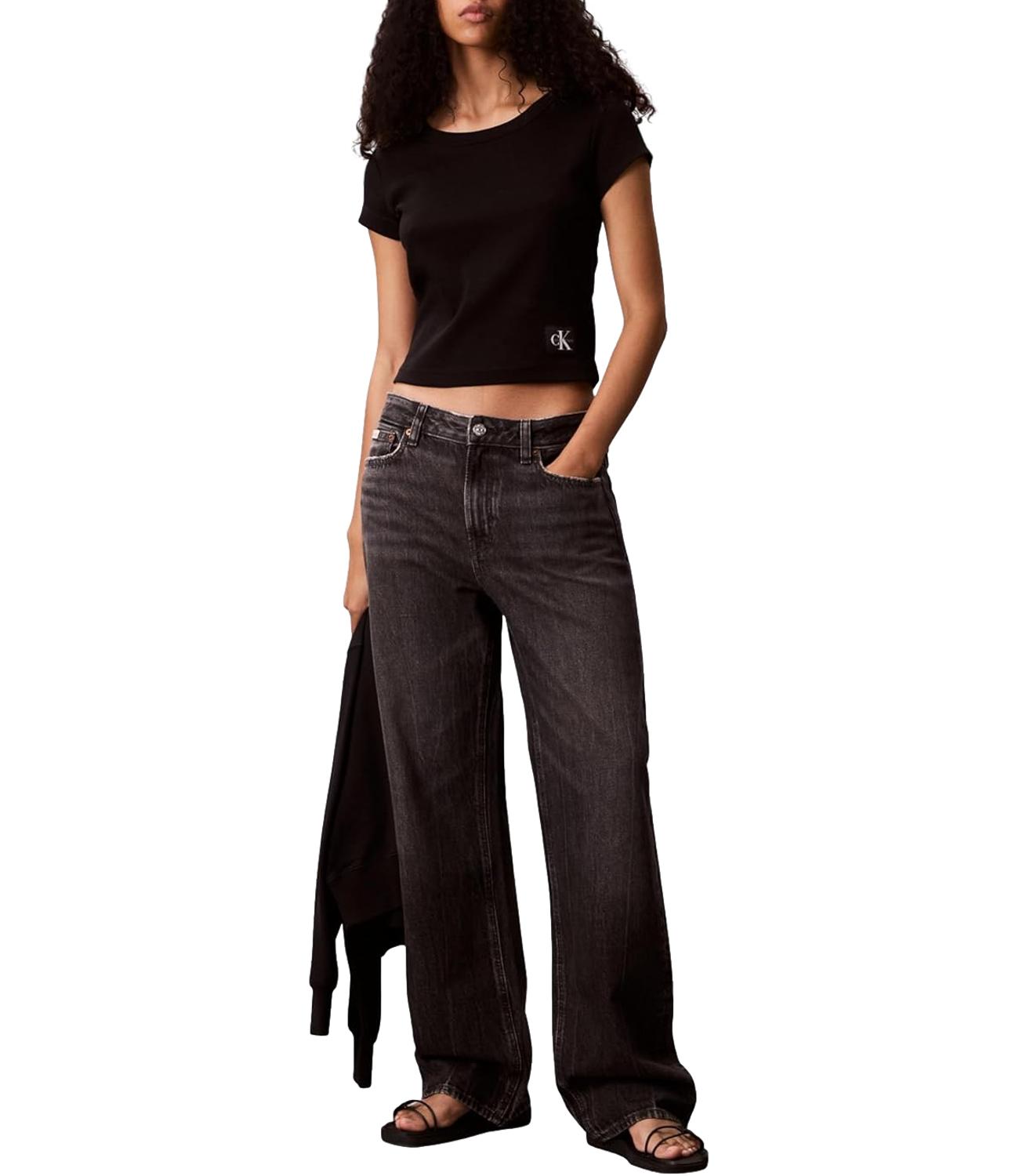 T-shirt Calvin Klein Jeans a maniche corte in micro costine con patch logo Nero Donna
