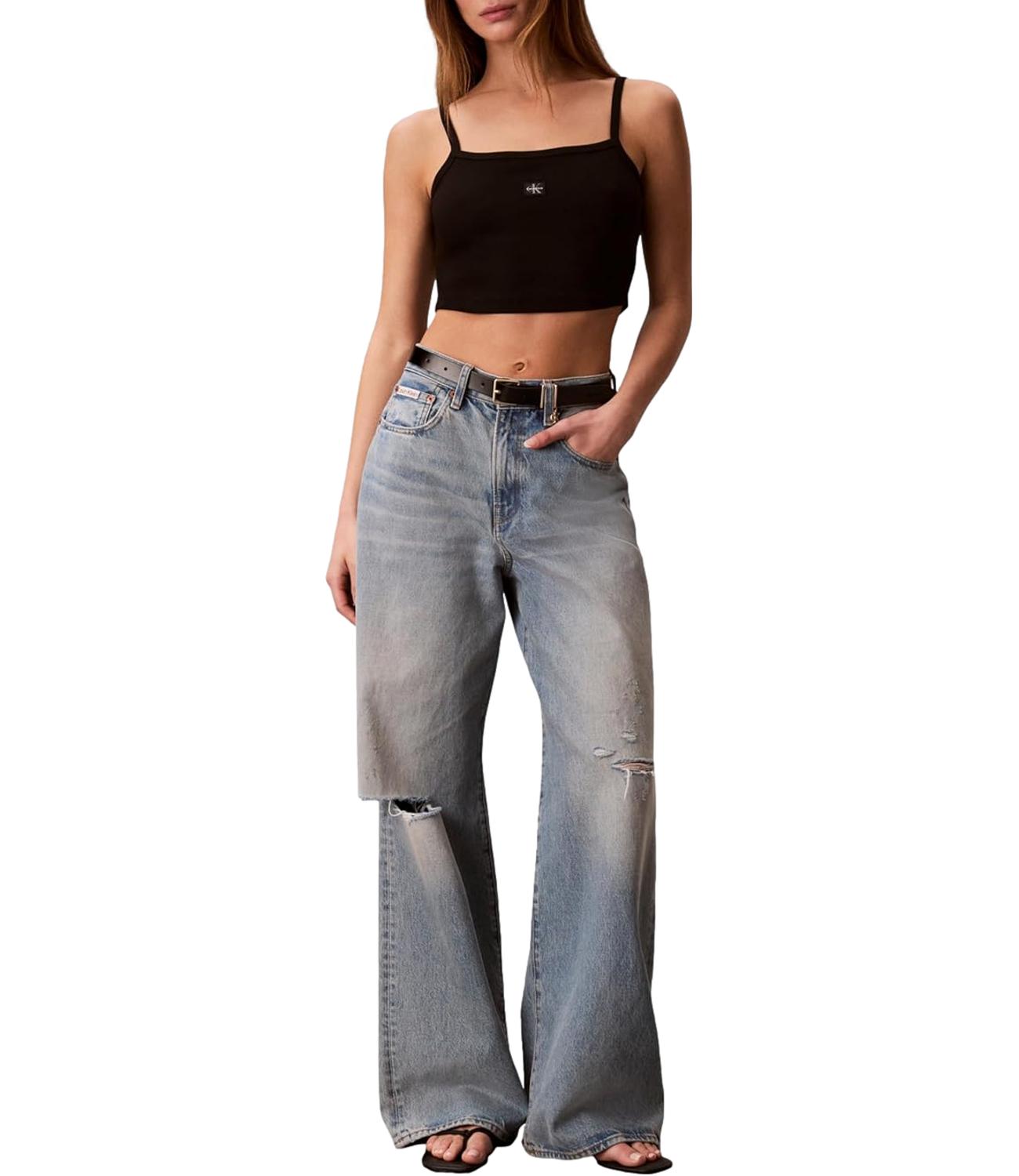 Top corto Calvin Klein Jeans a spalline sottili in micro costine Nero Donna