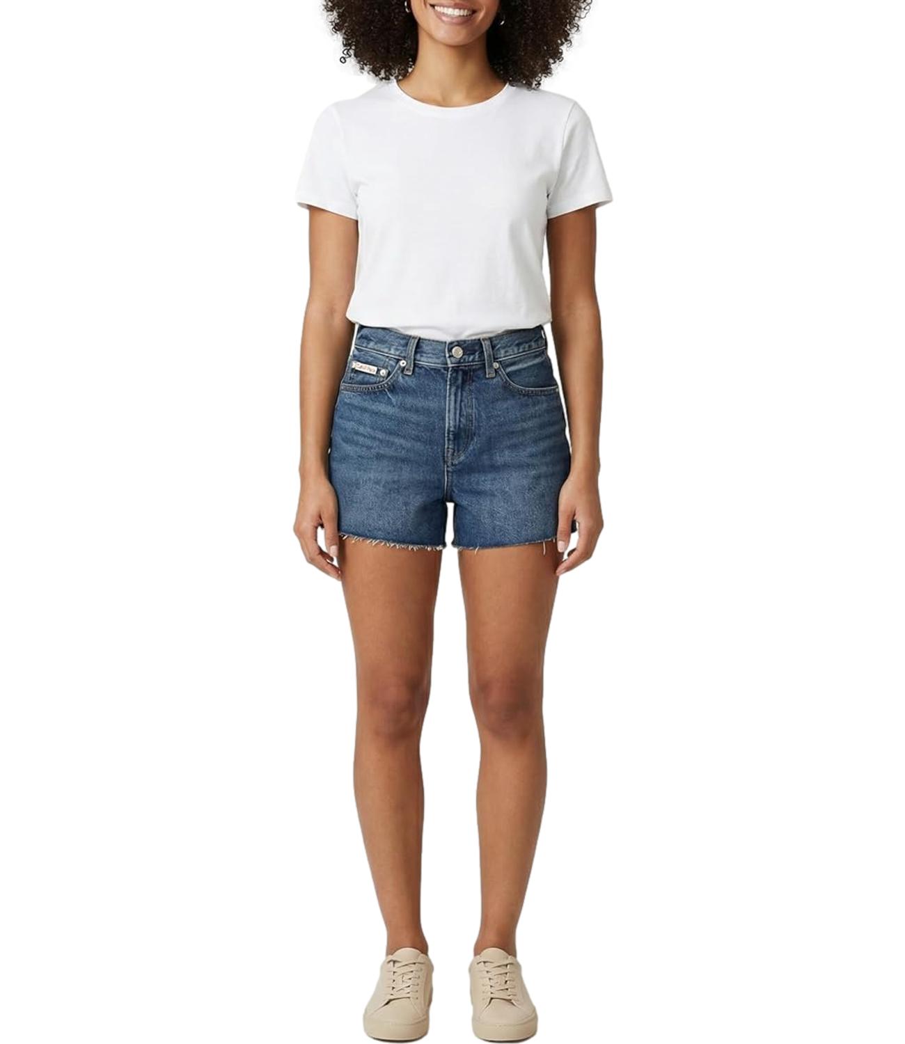 Shorts in denim Calvin Klein Jeans a vita alta con orlo a taglio vivo Blu Denim Donna