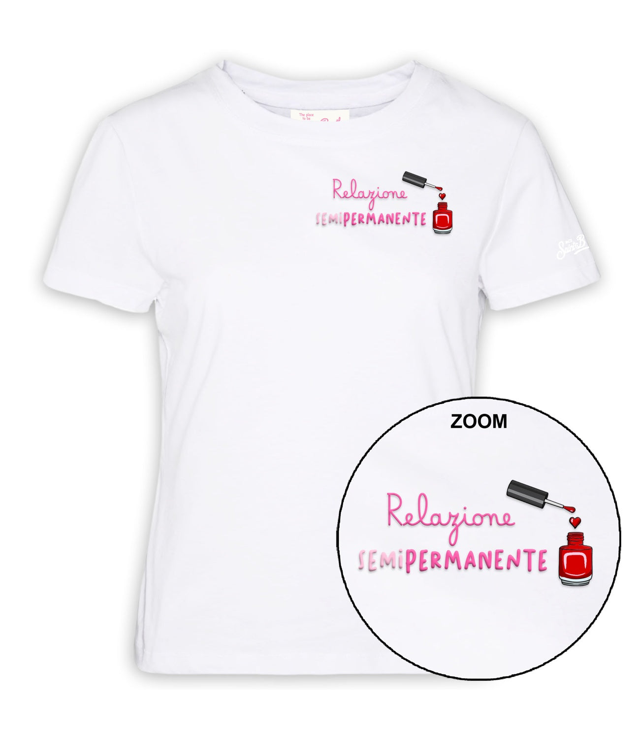 T-shirt MC2 Saint Barth Emilie color bianco con scritta a ricamo RELAZIONE SEMIPERMANENTE