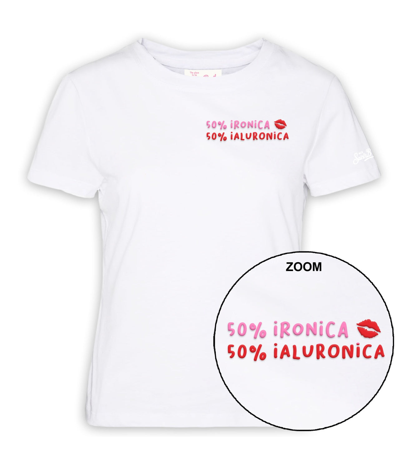 T-shirt MC2 Saint Barth Emilie color bianco con scritta a ricamo 50% IRONICA 50% IALURONICA
