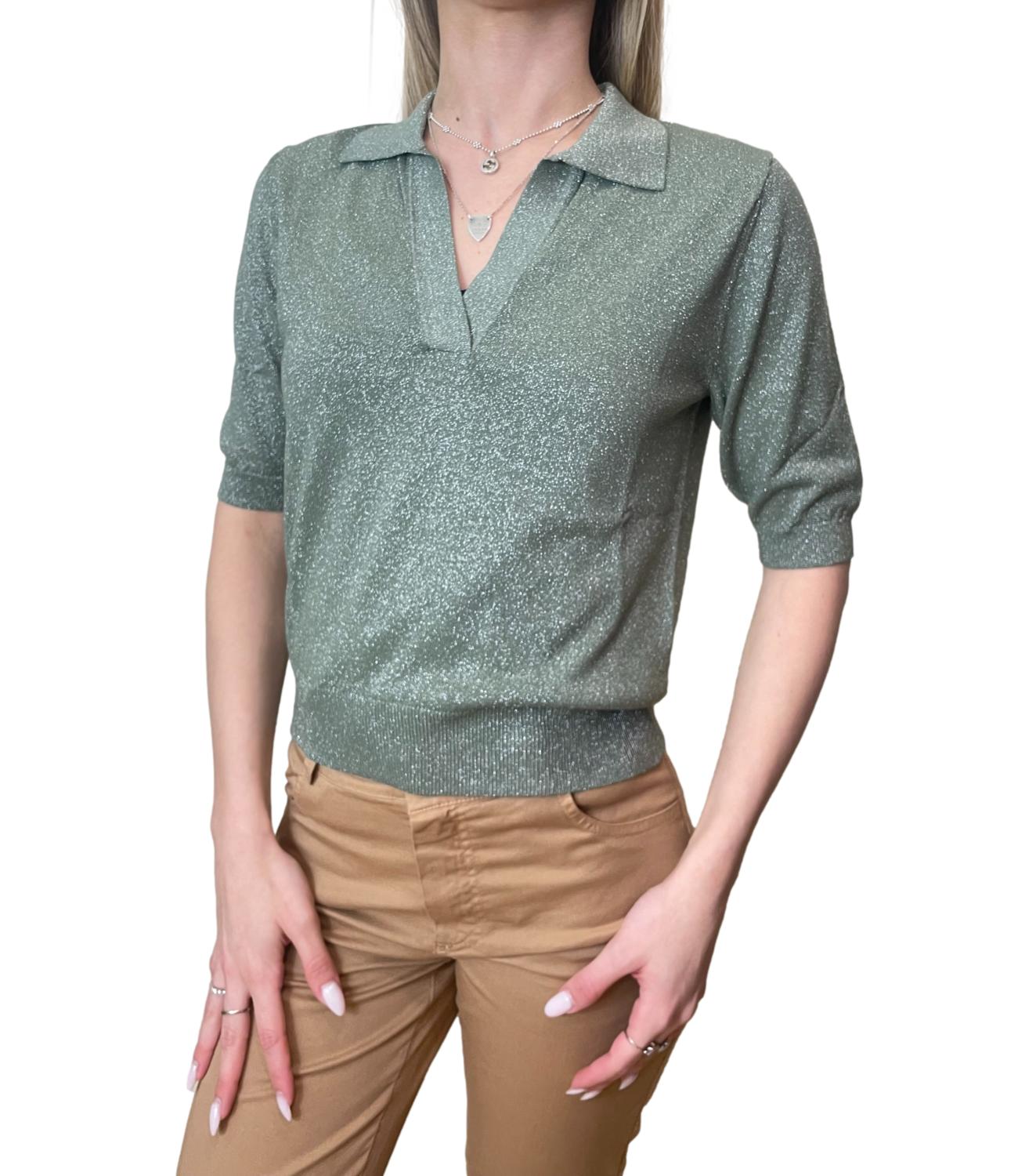 Motel Maglia Polo Lurex Verde Militare Donna