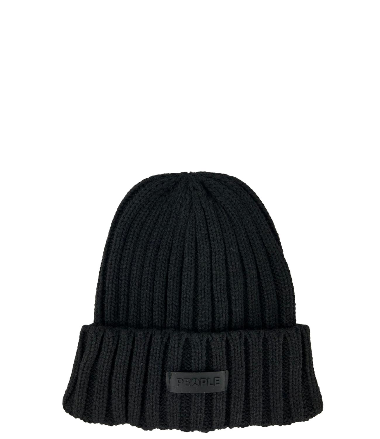 Cappello in lana a coste nero chiaro da uomo con logo nero frontale