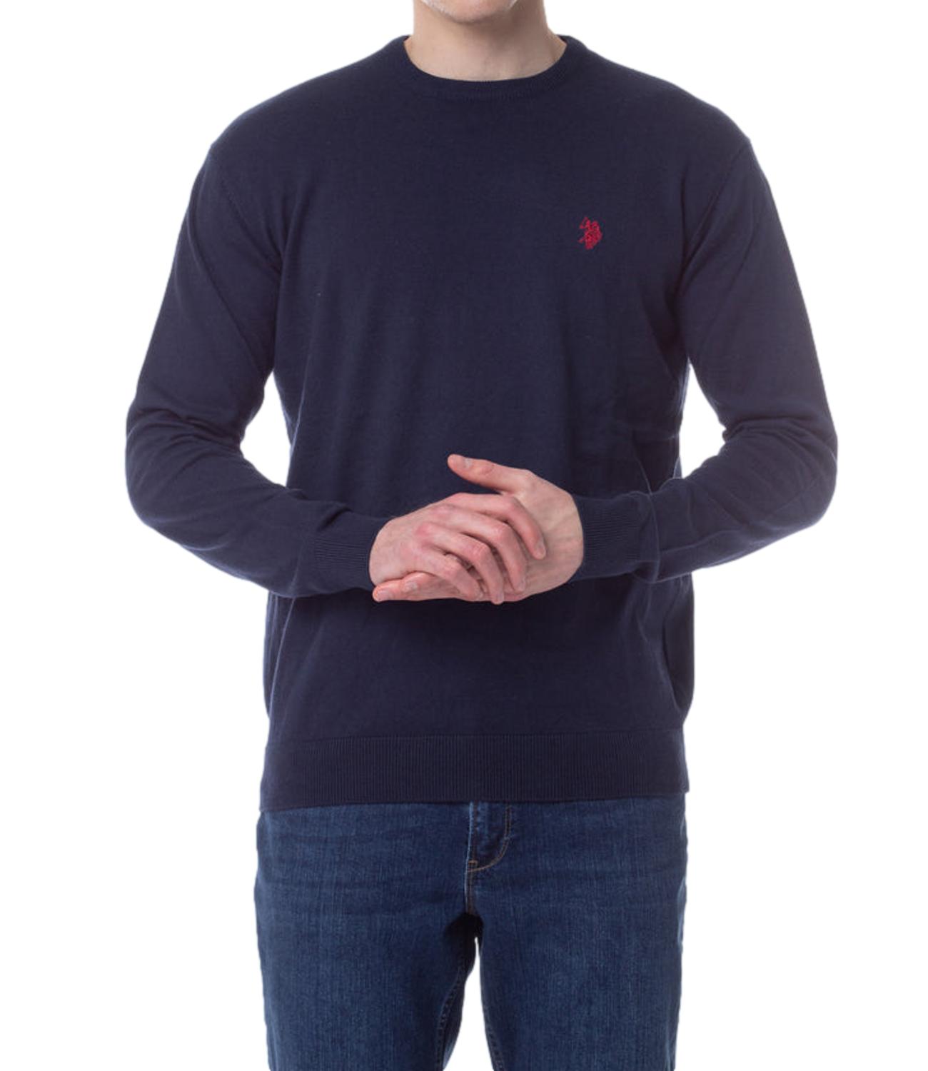 Maglione blu uomo con logo rosso in lana