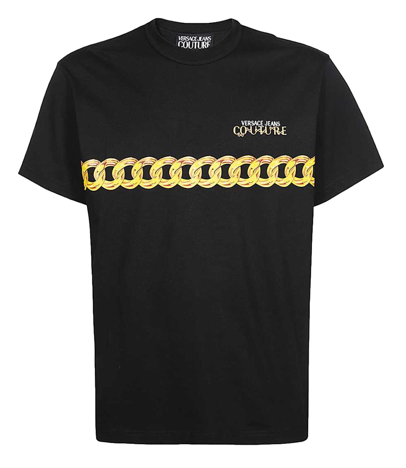 T-shirt Versace Jeans Couture uomo nera con logo sul petto e catena dorata in orizzontale