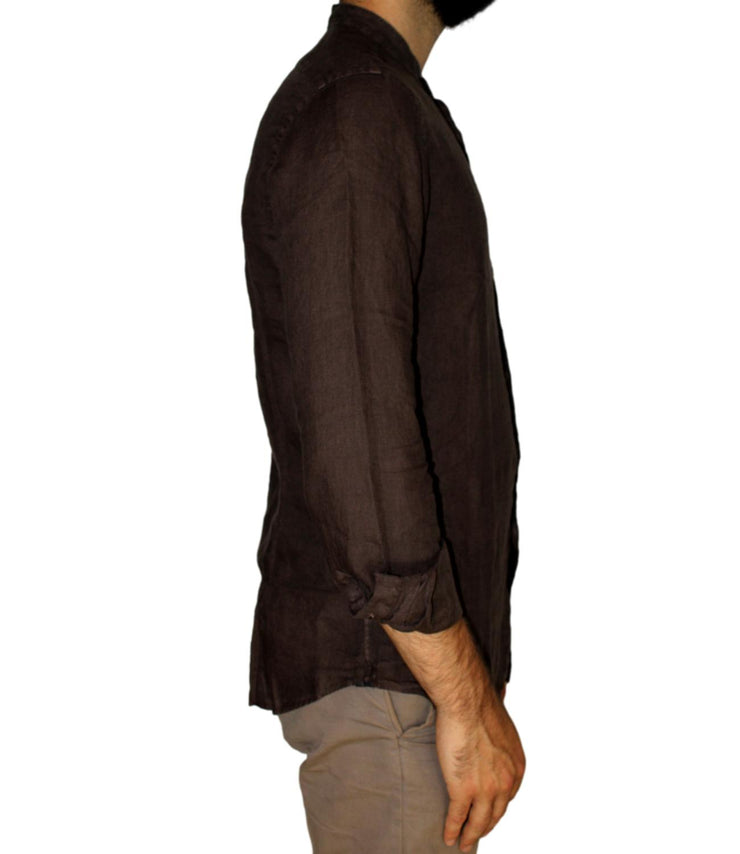 Camicia di lino da uomo XACUS marrone con collo coreano