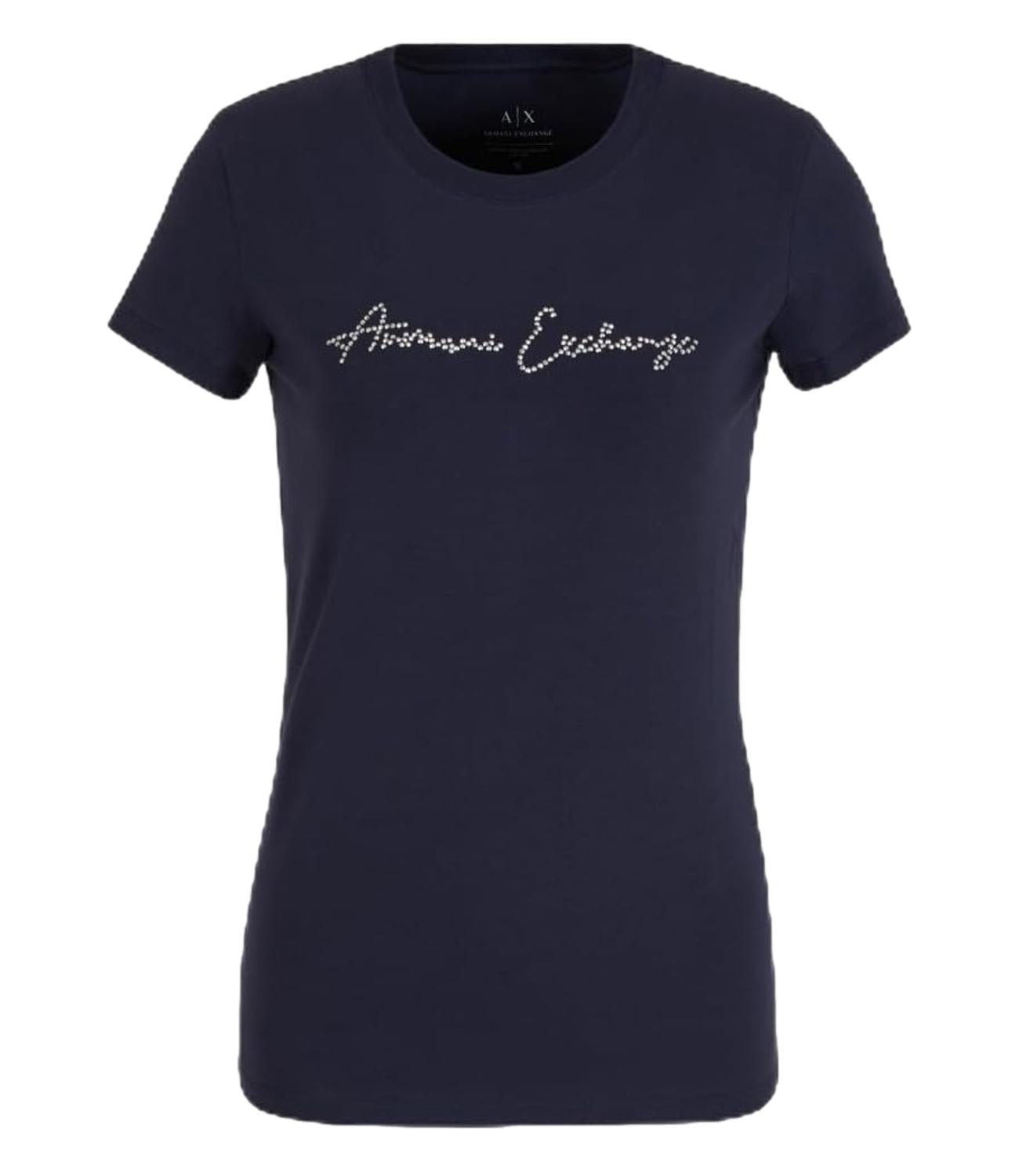 Armani Exchange t-shirt blu donna con logo brillante